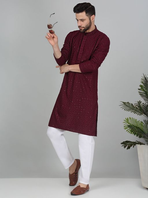 Kraft India Men Cotton Embroidered Sequined Purple Kurta