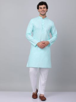 Kraft India - Men Aqua Blue Linen Solid Kurta with Pyjamas (Set of 2)