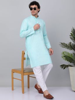Kraft India - Men Aqua Blue Linen Solid Kurta