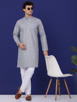 Kraft India - Men Grey Linen Solid Kurta