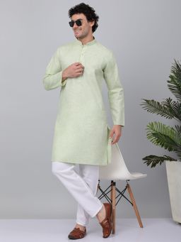 Kraft India - Men Green Linen Solid Kurta with Pyjamas (Set of 2)