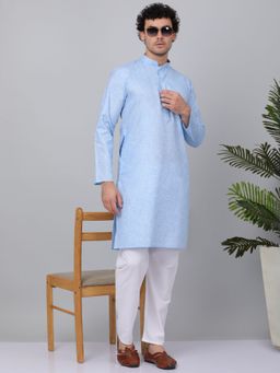 Kraft India - Men Sky Blue Linen Solid Kurta with Pyjamas (Set of 2)