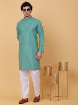 Kraft India - Men Green Cotton Linen Striped Kurta