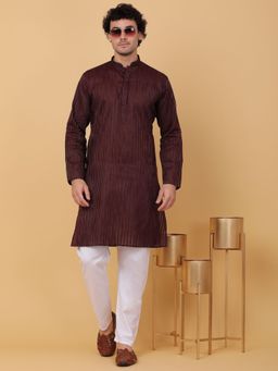 Kraft India - Men Maroon Stripes Pure Cotton Kurta with Pyjamas (Set of 2)