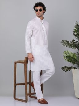 Kraft India - Men White Pure Cotton Striped Knee Length Kurta