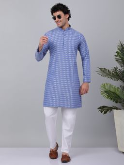 Kraft India - Men Blue Cotton Woven Kurta with Pyjamas (Set of 2)