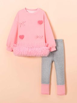 Hopscotch - Heart Appliqua Ruffled Leggings with Sweatshirt