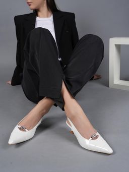 Drop Bold - White Pointed Toe Stiletto Heels with Buckle Detail For Women