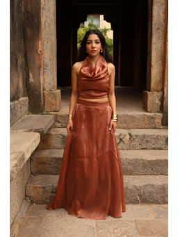 Obleka - Women Silk Rose Gold Crop Top with Skirt