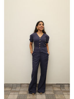Obleka - Women Cotton Linen Navy Blue Co-Ord Set