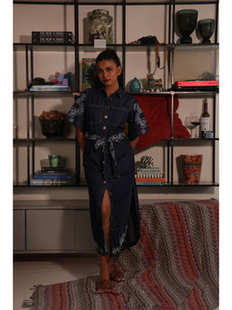 RUIAAN - Women Denim Navy Blue Dress with Belt