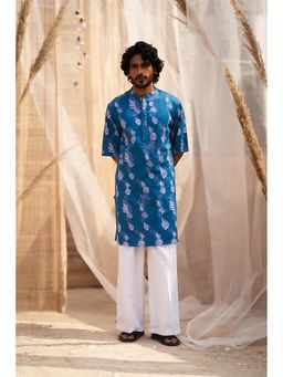 Charkhee - Ocean Blue Short Sleeve Printed Kurta with Pant