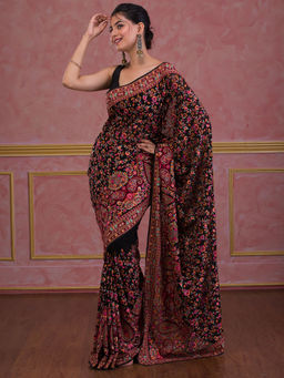 Koskii - Black Threadwork Georgette Saree with Unstitched Blouse