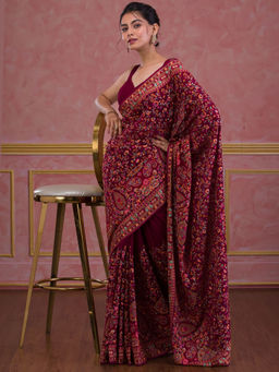 Koskii - Wine Threadwork Georgette Saree with Unstitched Blouse