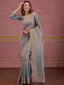 Koskii - Sea Green Stonework Shimmer Saree with Unstitched Blouse