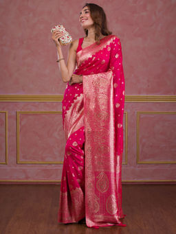 Koskii - Rani Pink Swarovski Banarasi Saree with Unstitched Blouse