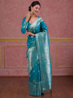 Koskii - Turquoise Blue Swarovski Brocade Saree with Unstitched Blouse