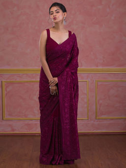 Koskii - Wine Swarovski Georgette Saree with Unstitched Blouse
