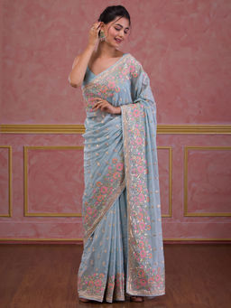 Koskii - Sky Blue Sequins Tissue Saree with Unstitched Blouse