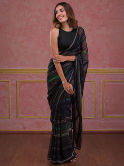 Koskii - Bottle Green Swarovski Satin Saree with Unstitched Blouse