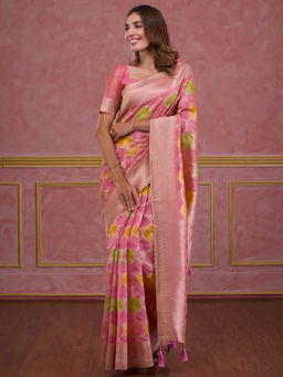 Koskii - Pink Zari Work Brocade Saree with Unstitched Blouse