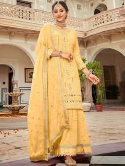 Odette - Yellow Georgette Semi Stitched Kurta With Bottom And Dupatta (Set of 3)
