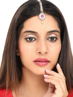 Yellow Chimes - Women Gold-Plated American Diamond Pink And White Studded Handcrafted Maang Tikka