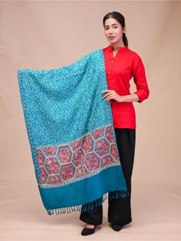 SWI STYLISH - Womens Turquoise Aari Embroidery Wool Stole