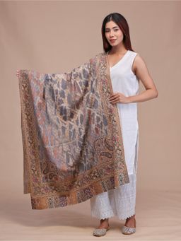 SWI STYLISH - Womens Beige Kalamkari Printed and Embroidered Wool Shawl