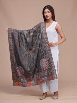 SWI STYLISH - Womens Black Kalamkari Printed and Embroidered Wool Shawl
