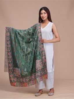 SWI STYLISH - Womens Bottle Green Kalamkari Printed and Embroidered Wool Shawl