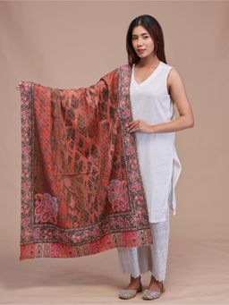 SWI STYLISH - Womens Rust Kalamkari Printed and Embroidered Wool Shawl