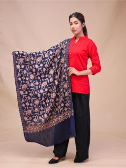 SWI STYLISH - Womens Navy Blue Aari Embroidery Wool Stole