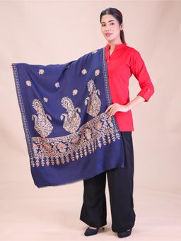 SWI STYLISH - Womens Navy Blue Aari Embroidery Wool Stole