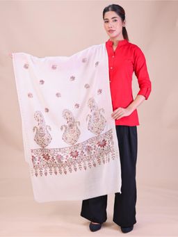 SWI STYLISH - Womens White Aari Embroidery Wool Stole