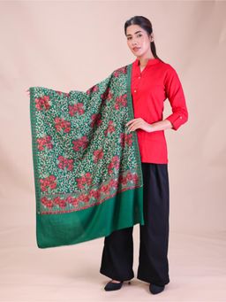 SWI STYLISH - Womens Bottle Green Aari Embroidery Wool Stole