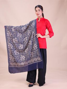 SWI STYLISH - Womens Navy Blue Aari Embroidery Wool Stole