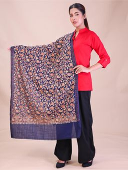 SWI STYLISH - Womens Navy Blue Aari Embroidery Wool Stole