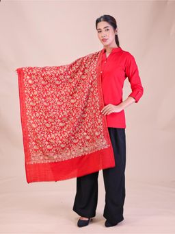 SWI STYLISH - Womens Red Aari Embroidery Wool Stole