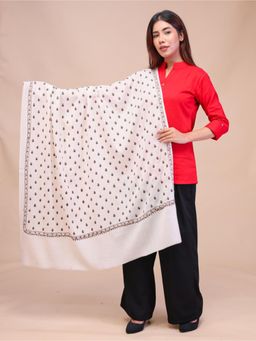 SWI STYLISH - Womens White Aari Embroidered Wool Shawl