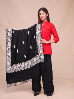 SWI STYLISH - Womens Black Aari Embroidered Wool Shawl