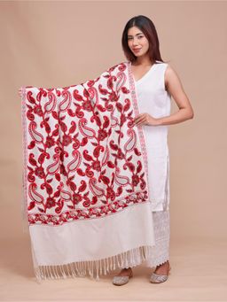 SWI STYLISH - Womens White Aari Embroidered Wool Shawl with Sequence