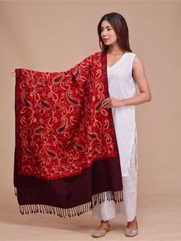 SWI STYLISH - Womens Wine Aari Embroidered Wool Shawl with Sequence