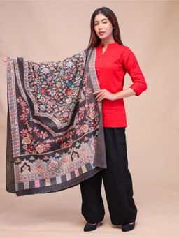 SWI STYLISH - Womens Black Kalamkari Printed and Embroidered Wool Shawl