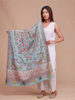 SWI STYLISH - Womens Turquoise Kalamkari Printed and Embroidered Wool Shawl