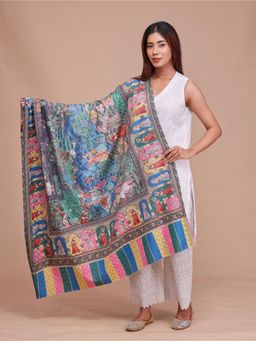 SWI STYLISH - Womens Kalamkari Printed Darbar Border and Embroidered Wool Shawl