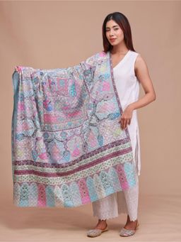 SWI STYLISH - Womens Turquoise Kalamkari Printed and Embroidered Wool Shawl