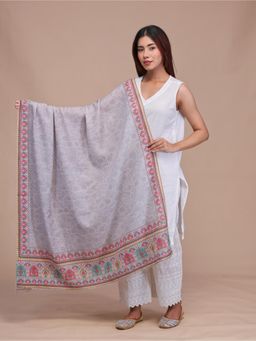 SWI STYLISH - Womens Grey Printed Floral Design Wool Shawl