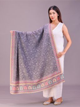 SWI STYLISH - Womens Light Grey Printed Floral Design Wool Shawl