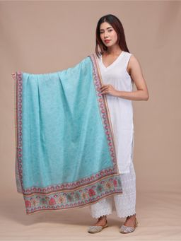 SWI STYLISH - Womens Turquoise Printed Floral Design Wool Shawl